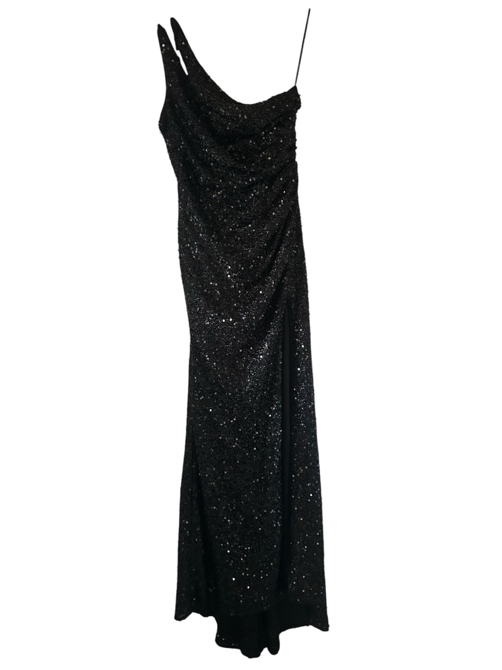 Adyce Dresses One Shoulder Spaghetti Straps Sequin Black Evening Maxi